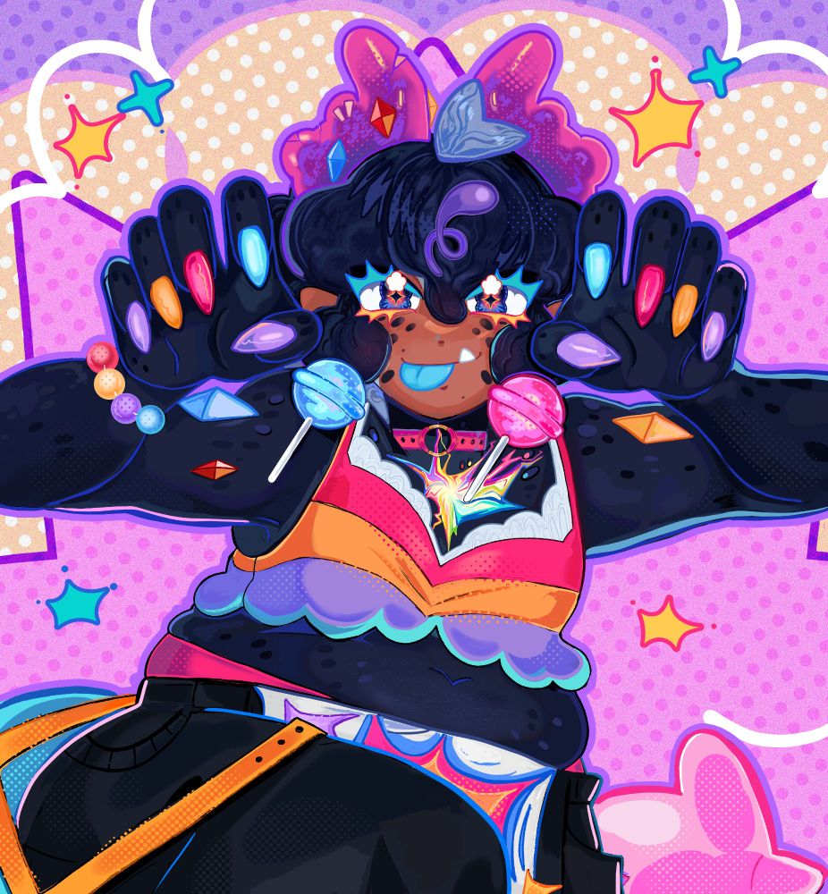 illustration of my vtuber model design, holding up my claws with my tongue out in a sassy pose. bright and colorful!!
