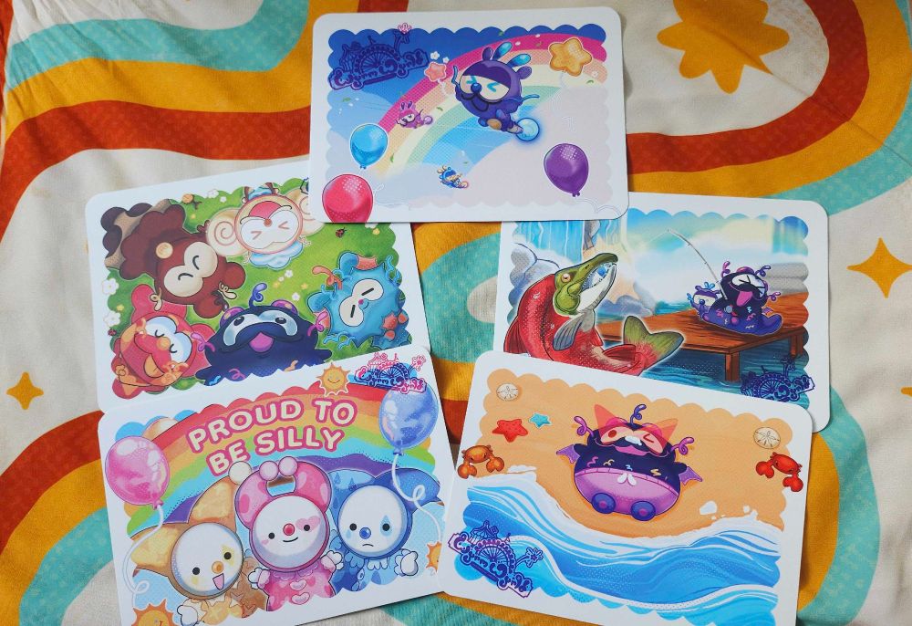 image of all the postcards i've made for my sticker club so far! image includes 5 postcards with different illustrations based on the themeing of that month!