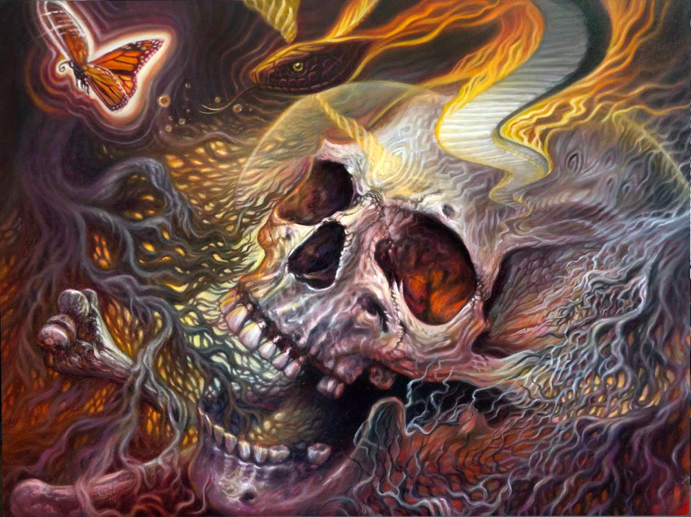Oil painting of a skull and bones in an underground space among the roots with a glowing serpent spring from its forehead. The snake is radiating light and stalking a glowing monarch butterfly which is flying away. 