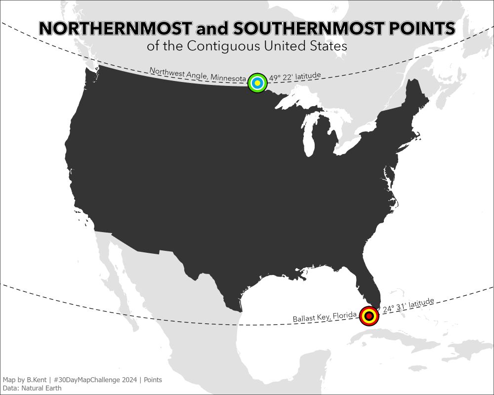 Map of the northernmost and southernmost points in the contiguous US