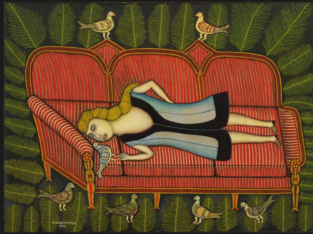 Morris Hirshfield’s painting “Girl with Pigeons,” 1943. A textural painting of a woman lying supine on a striped sofa, communicating with a pigeon. Lauded by surrealists, Hirshfield was a self-taught painter who began his career in textiles.