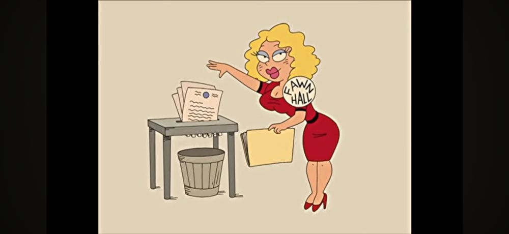 An exaggerated cartoon of Oliver North’s secretary Fawn Hall, from AMERICAN DAD!