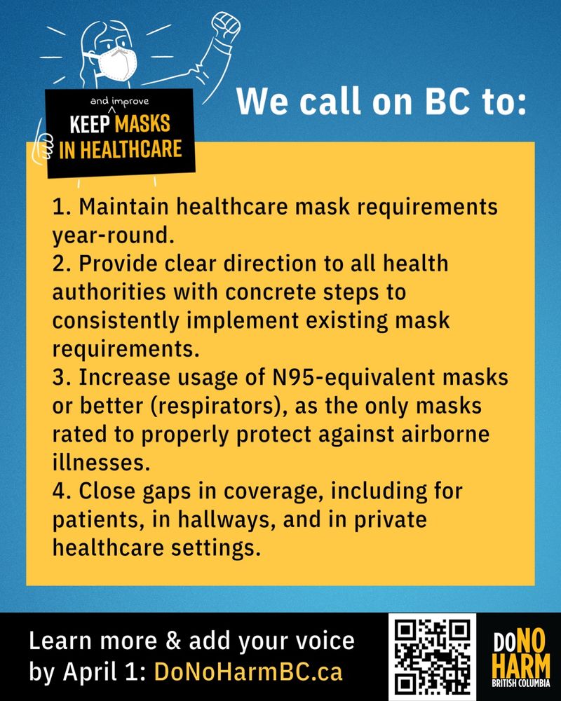 Blue, yellow and black graphic reading, We call on BC to: 
1. Maintain healthcare mask requirements year-round.
2. Provide clear direction to all health authorities with concrete steps to consistently implement existing mask requirements.
3. Increase usage of N95-equivalent masks or better (respirators), as the only masks rated to properly protect against airborne illnesses.
4. Close gaps in coverage, including for patients, in hallways, and in private healthcare settings. 
Learn more and add your voice by April 1: DoNoHarmBC.ca In the upper left corner is an illustration of a person in an N95, fist raised, holding a sign that reads: Keep (and improve) masks in healthcare.
