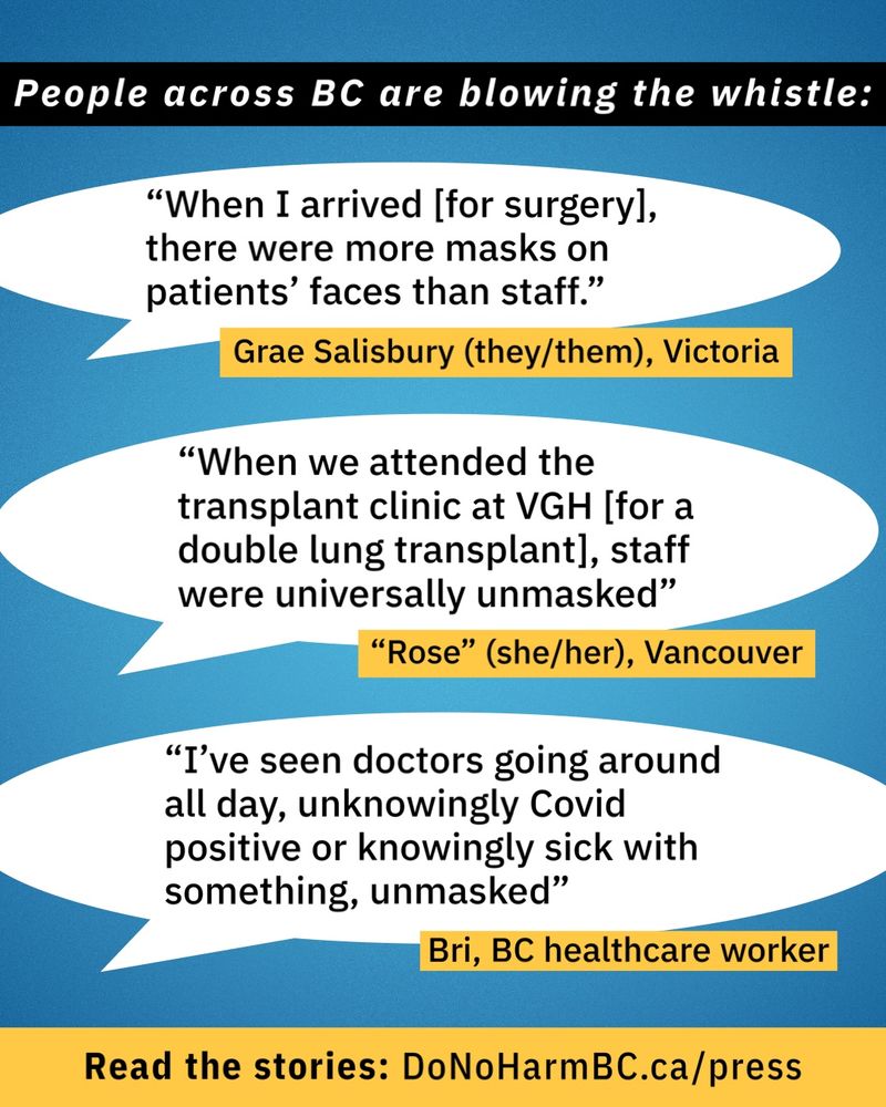 A blue and yellow graphic reads, people across BC blowing the whistle. Quotes in speech bubbles read, “when I arrived [for surgery], there were more masks on patients’ faces than staff” - Grae Salisbury (they/them), Victoria. “When we attended the transplant clinic at VGH [for a double lung transplant], staff were universally unmasked” - “Rose” (she/her), Vancouver. “I’ve seen doctors going around all day, unknowingly Covid positive or knowingly sick with something, unmasked” - Bri, BC healthcare worker. Read the stories: DoNoHarmBC.ca/press
