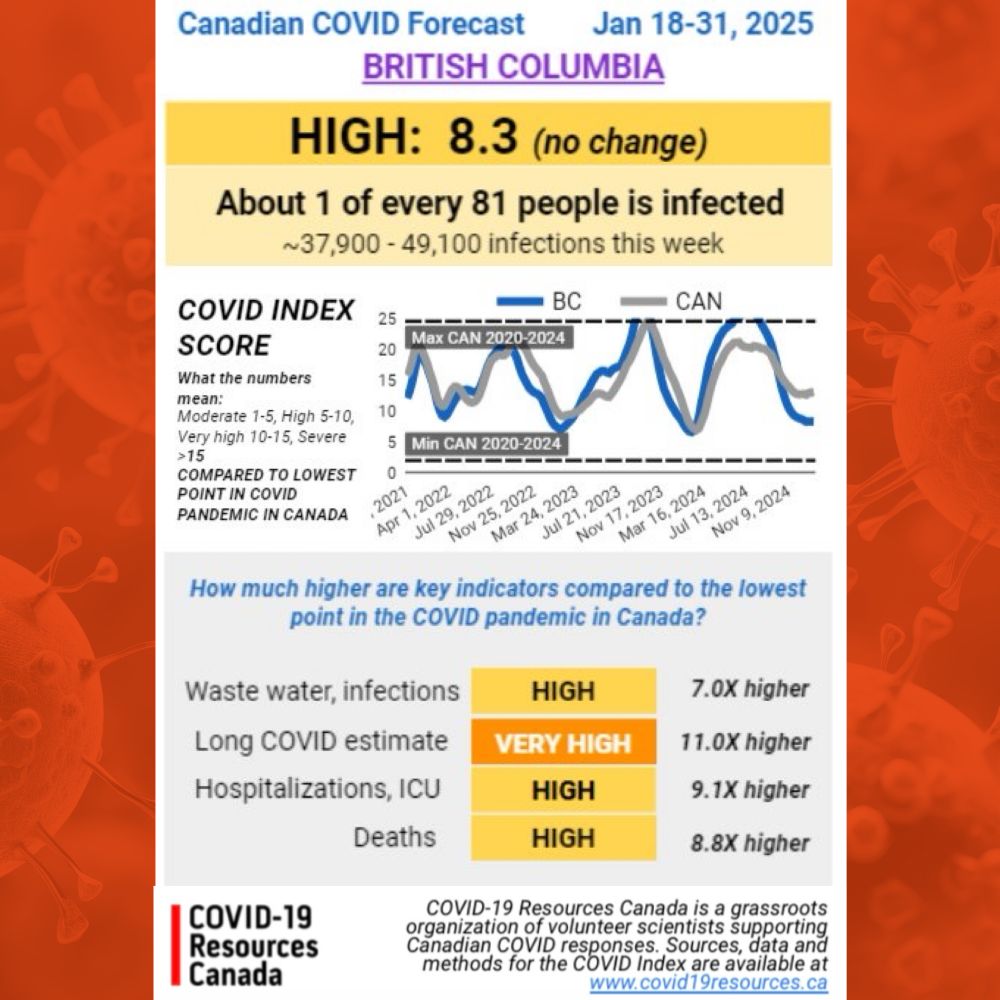 BC’s COVID Forecast for Jan 18-31, 2025 by COVID-19 Resources Canada. Forecast outlook is HIGH (no change) with a COVID INDEX SCORE of 8.3
About 1 in every 81 people is infected.
Estimated infections this week: 37,900-49,100
How much higher are key indicators compared to the lowest point in the COVID pandemic in Canada?
Waste water, infections: HIGH; 7.0X higher
Long COVID estimate: VERY HIGH; 11.0X higher
Hospitalizations, ICU: HIGH; 9.1X higher
Deaths: HIGH; 8.8X higher