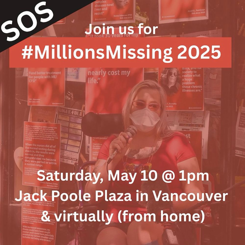 Red graphic featuring a red-tinted photo of a masked speaker at the last Millions Missing BC rally. Text reads, SOS: join us for #MillionsMissing 2025. Saturday, May 10 at Jack Poole plaza in Vancouver and virtually (from home)
