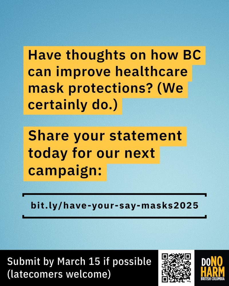 blue and yellow graphic with a simplified version of post text, and the DoNoHarm BC logo in the corner with a QR code