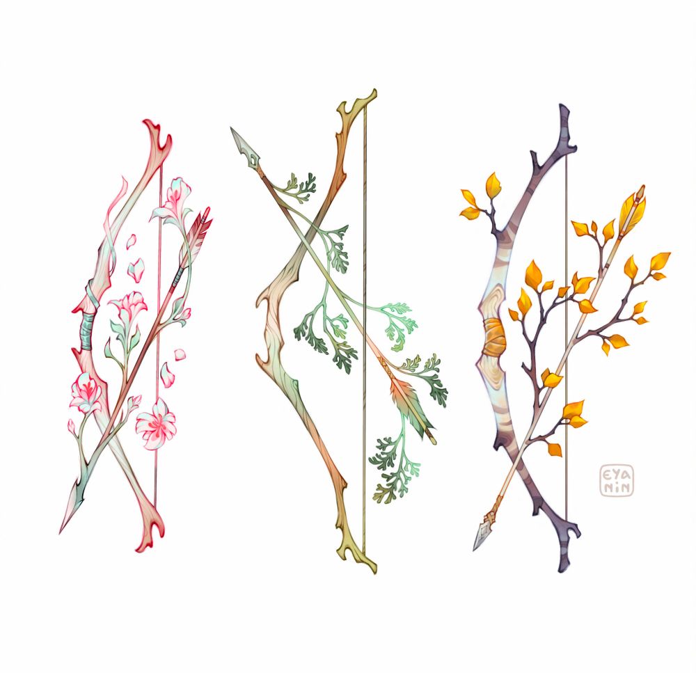 Three nature-themed fantasy bows with arrows. Left: cherry blossom-like flowers, middle: a green herbal plant; and right: autumn birch leaves.