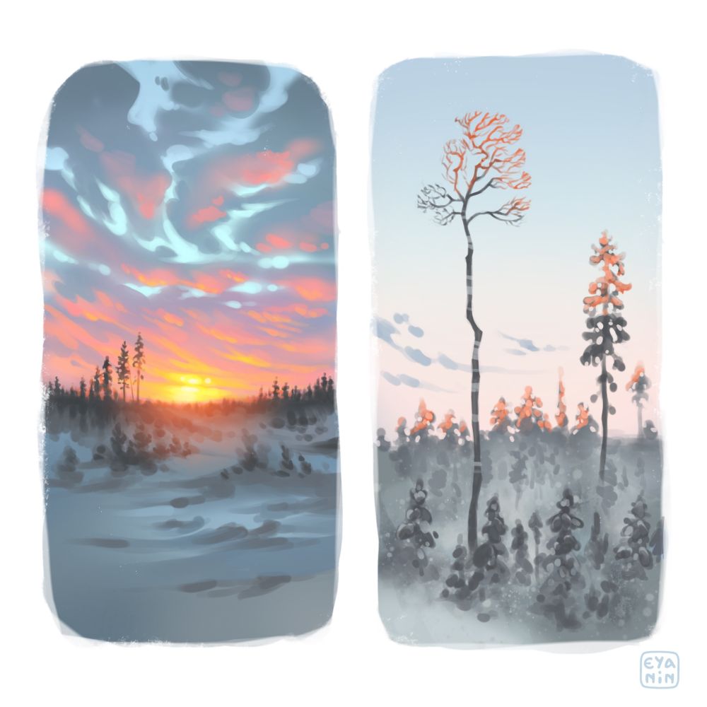 Two landscape studies of frosty winter views seen from a train. On the left, an open area with young coniferous trees growing here and there, with a few taller trees left standing in the distance. Clouds are coloured pink by the rising sun, with some narrow streaks of a pale blue sky between them. On the right, two tall trees are standing amidst lower ones against a pale blue-pink gradient sky. The treetops are coloured a peachy red by the sun barely peeking above the horizon.