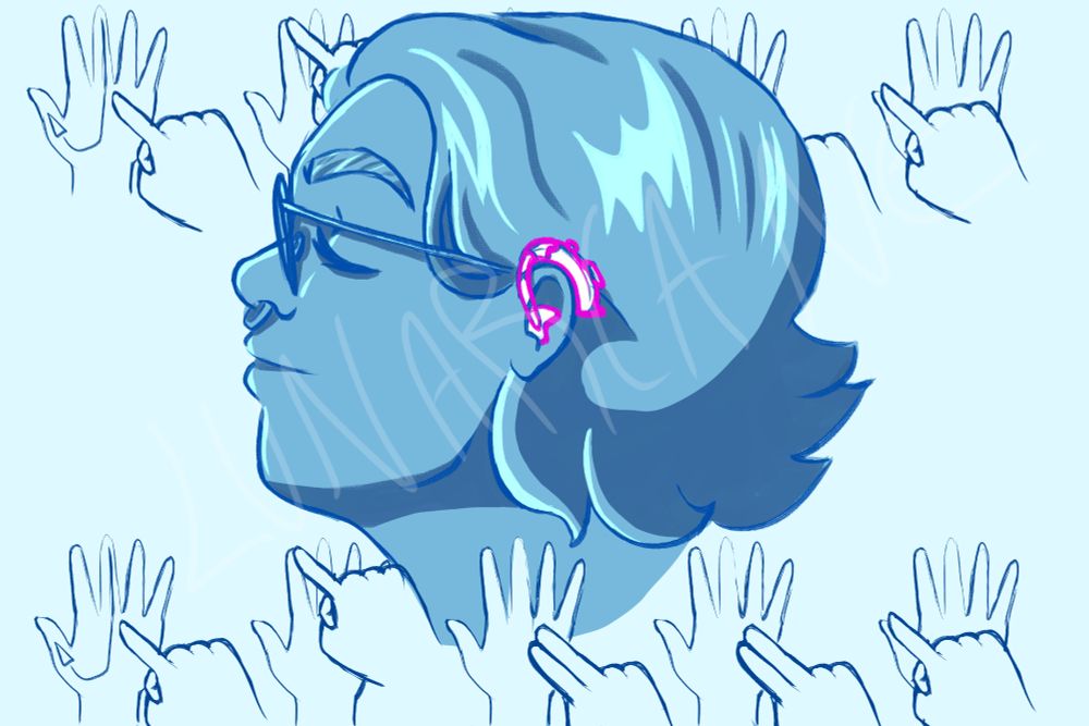 A profile picture of a woman with glasses and a hearing aid. The hearing aid is outlined in pink. There are BSL signs for my name at the top and bottom of the image. The signs spell Jenna. 