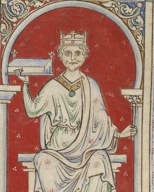 A mid-13th century painting of a king wearing a crown, sat holding a model of a building and a septre, beneath an arch, with a red background