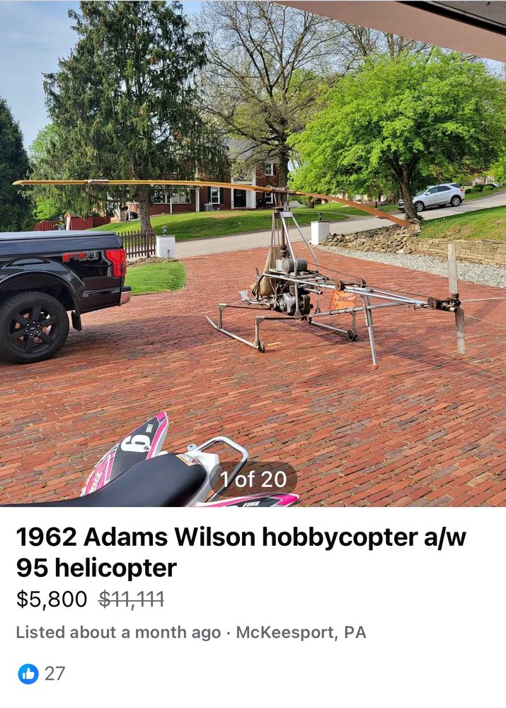 A rickety looking antique piece of metal work on a brick front drive. The description is 1962 Adams Wilson hobbycopter a/w 95 helicopter for $5800