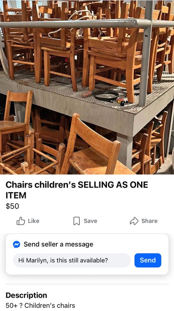 A pile of wooden chairs. Title: chairs children’s selling as one item. $50 description; 50+? Children’s chairs. 