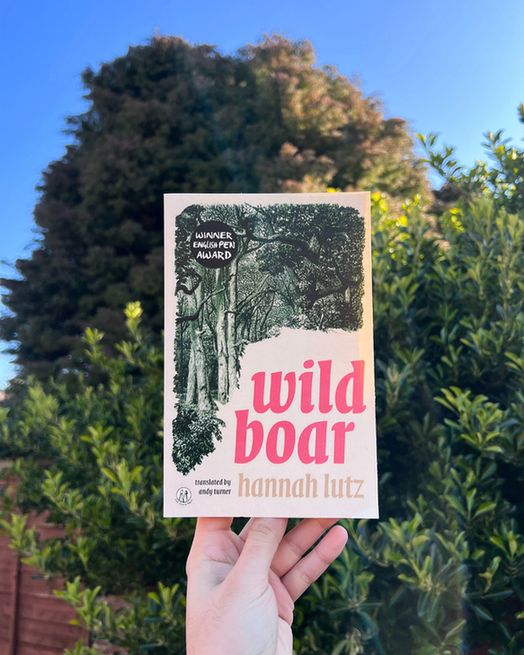 Cream-coloured book with a green, illustrated forest and pink text reading 'Wild Boar' held against green shrubbery and a blue sky. 