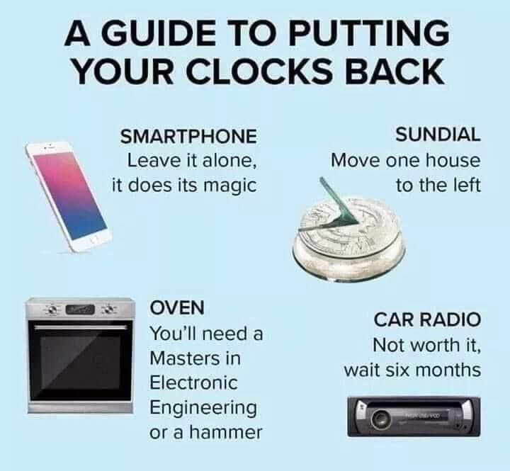 A GUIDE TO PUTTING YOUR CLOCKS BACK
SMARTPHONE
Leave it alone, it does its magic
SUNDIAL
Move one house to the left
OVEN
You'll need a
Masters in
Electronic
Engineering
or a hammer

CAR RADIO
Not worth it,
wait six months