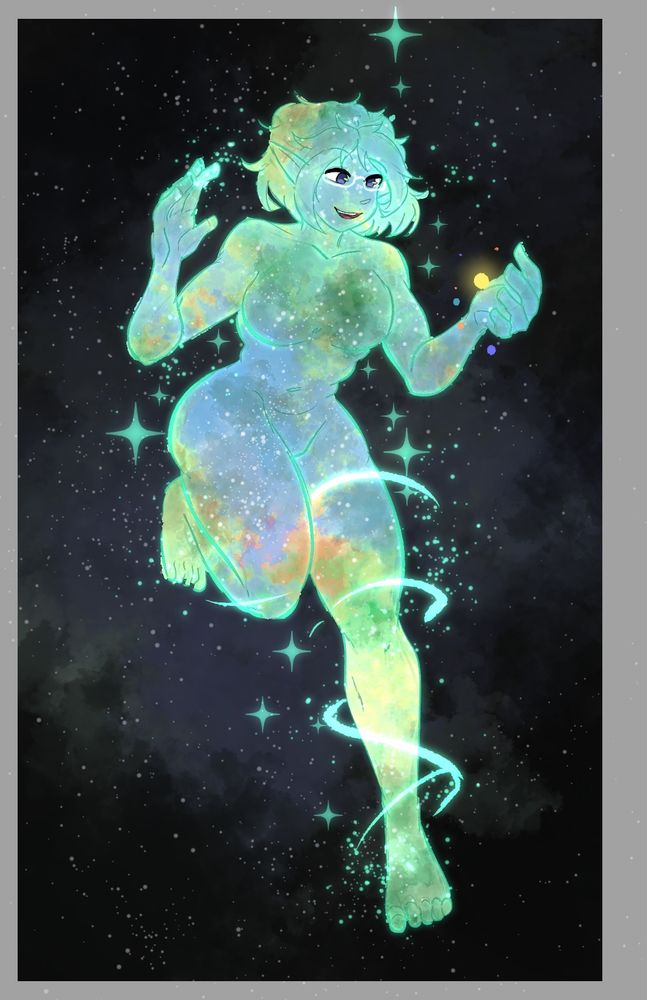 Cosmic Stella looking down at the tiny celestial bodies surrounding her hand and wrist. 

Her gigantic body is entirely made up of shimmering cosmic energy while streaks of light orbit her left leg