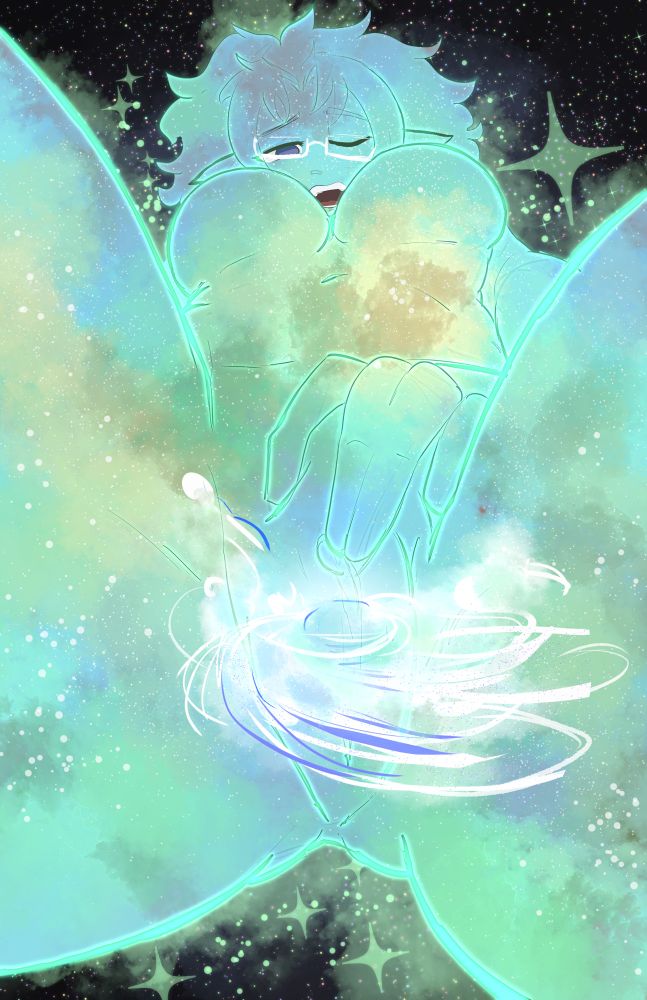 Cosmic Stella masturbating, a supernova occurring near her vulva as she orgasms. Her glasses are crooked and her hair disheveled as a result.