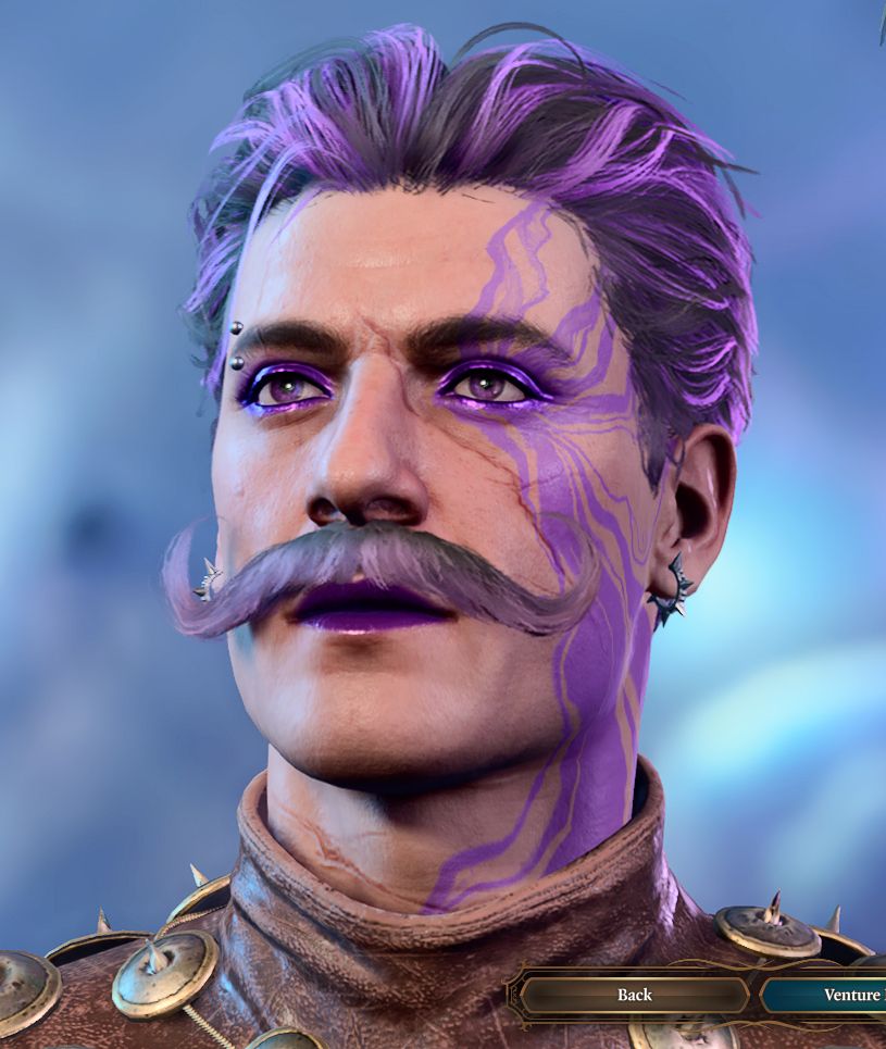 The same beige human man but now with fabulous purple streaks in his hair and mustache, eyebrow piercings, metallic purple makeup, and a face tattoo.