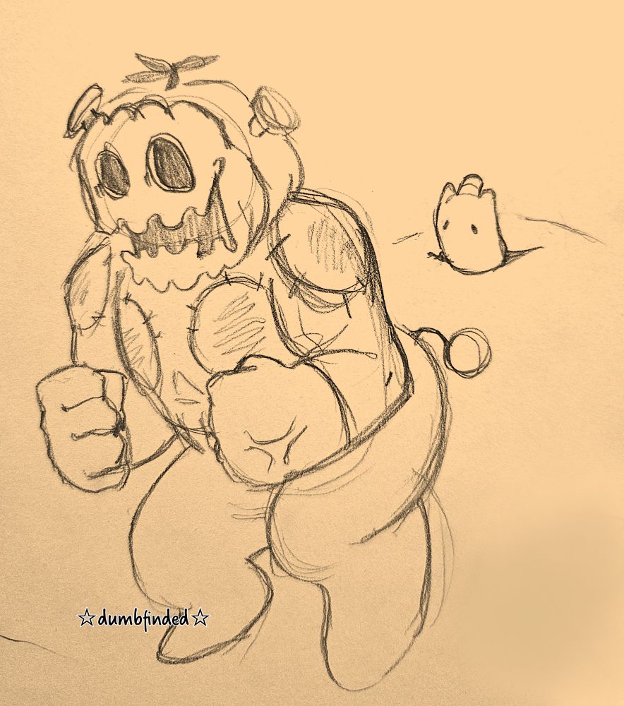 A sketch of Jackenstein's standing sprite, wirh a little doodle of his unmasked face off to the side.