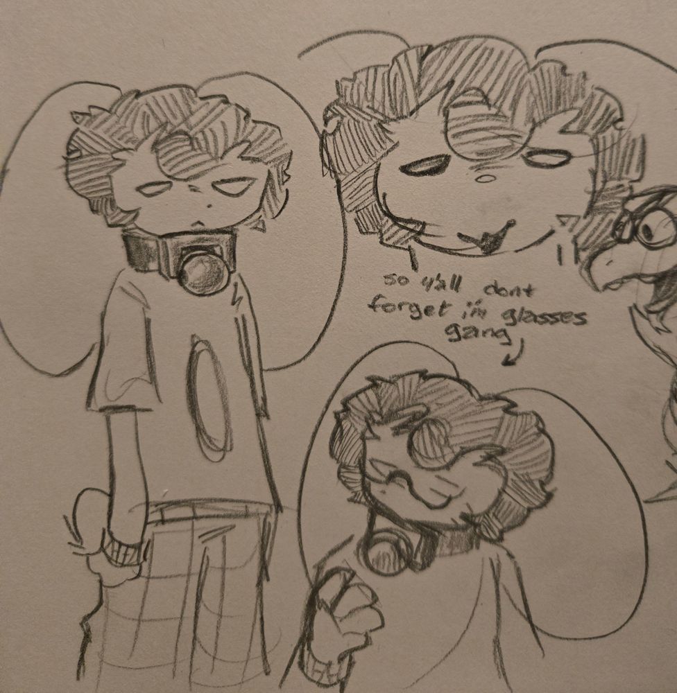 sona doodles. One of me standing idly, one of a closeup of my fatass face, and another one of me wearing glasses because i dont usually draw my sona with the glasses. "So y'all don't forget I'm glasses gang"