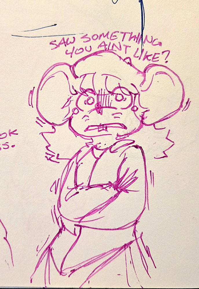 "SAW SOMETHING YOU AIN'T LIKE?" Clyde adds in a sarcastic question, while Casey the Mouse shakes beneath him, arms crossed defensively.