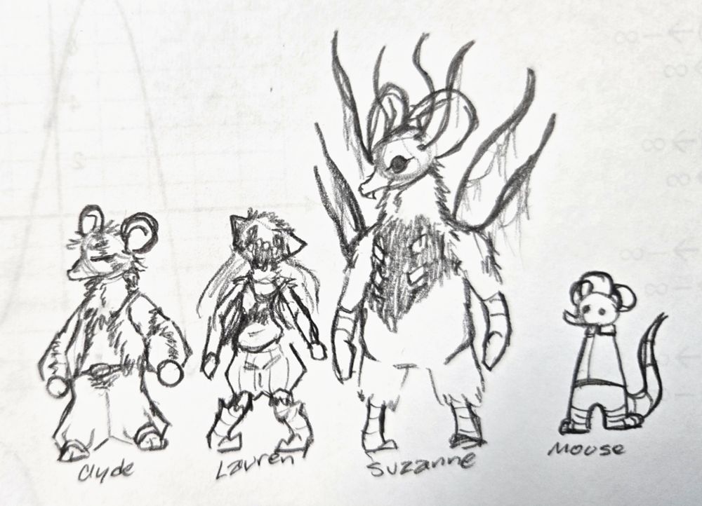 3 new characters I'm creating. Clyde, the ugly rat, Lauren, the mutilated feline, and Suzanne, the gutted mouse. Ignore the thing all the way on the right he's a placeholder