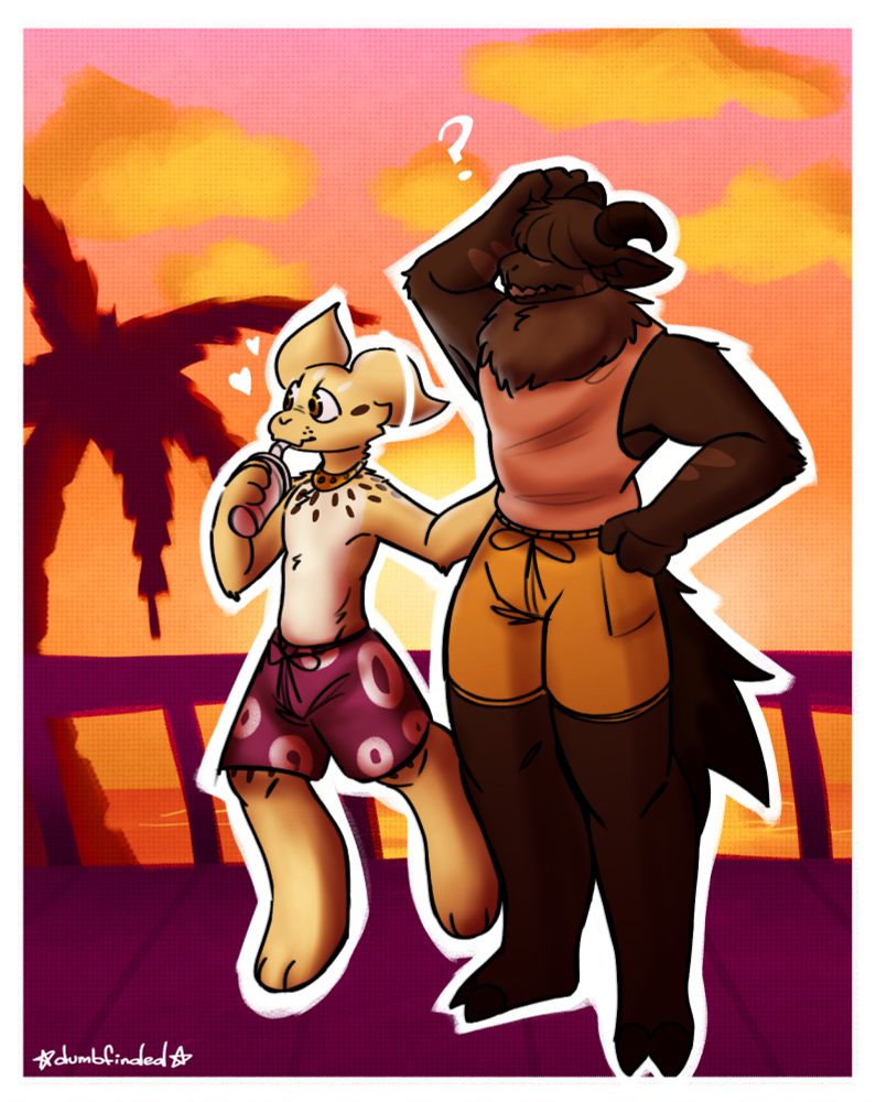 My OCs, Cupie and Loomer in beach attire standing on a dock during the sunset. Cupie's sipping on that bev while Loomer looks confused on where they are. 