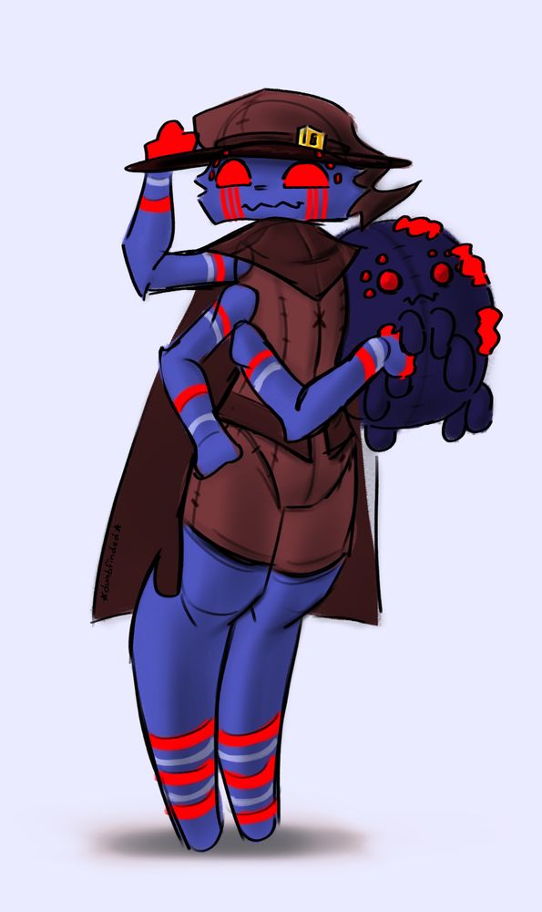 My spider OC, Raño, hugging a rotund plush of an average spider.