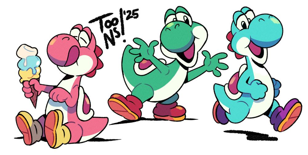 [from left to right]
three yoshis (pink, green, and light blue) in various poses;
pink yoshi with a triple scoop icecream cone, green yoshi posing with arms outstretched, and light blue yoshi running
