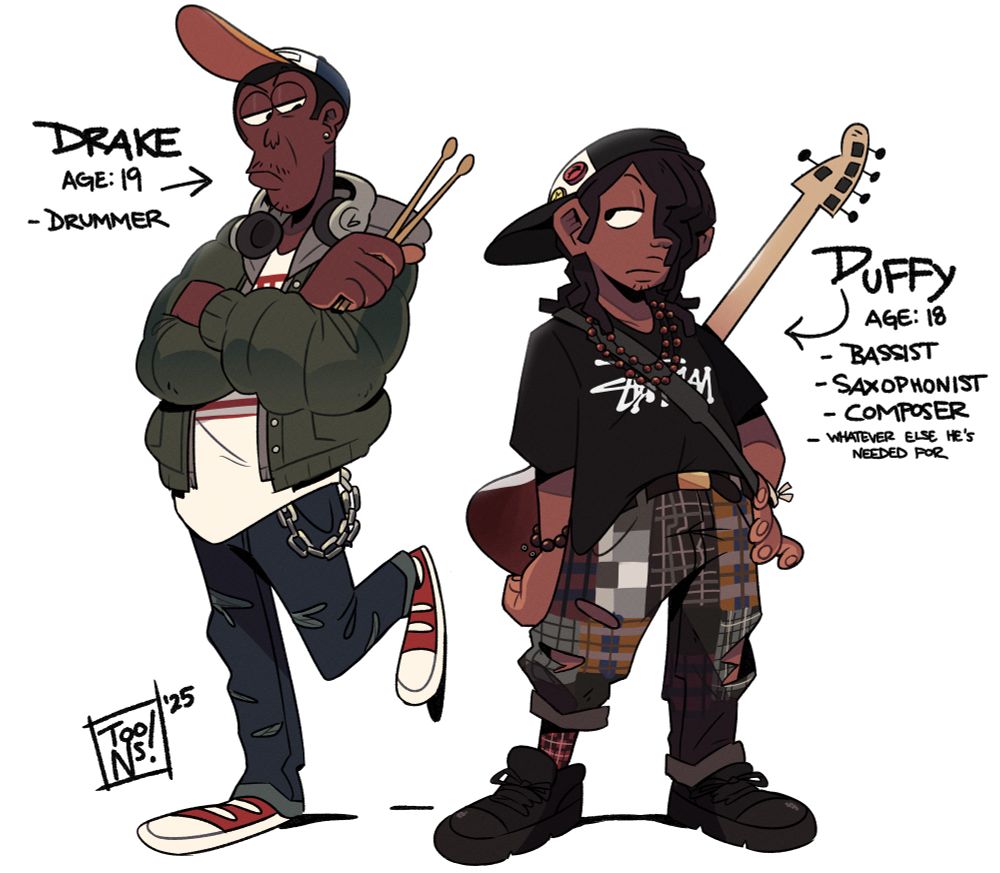 Drake and Duffy posed with their instruments of choice (drumsticks and a bass guitar)

text descriptions:

Drake
Age: 19
- Drummer

Duffy
Age: 18
- Bassist
- Saxophonist
- Composer
- whatever else he's needed for