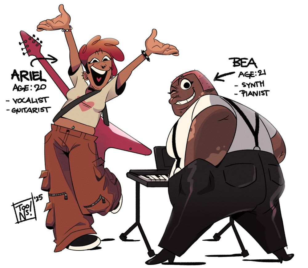 Ariel and Bea posed with their instruments of choice (an electric guitar and digital piano)

text descriptions:

Ariel
Age: 20
- Vocalist
- Guitarist

Bea
Age: 21
- Synth
- Pianist 
