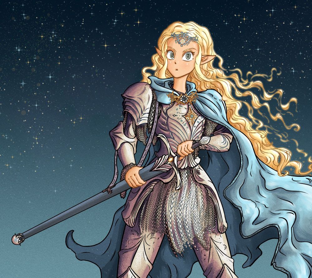 Elven warrior Galadriel is drawing her sword in fron of a star-springled sky. She is clad in silver armour and her golden hair is flowing in the wind. 

Fanart of JRR Tolkien's The Lord of the Rings and it's TV adaptation,  The Rings of Power .