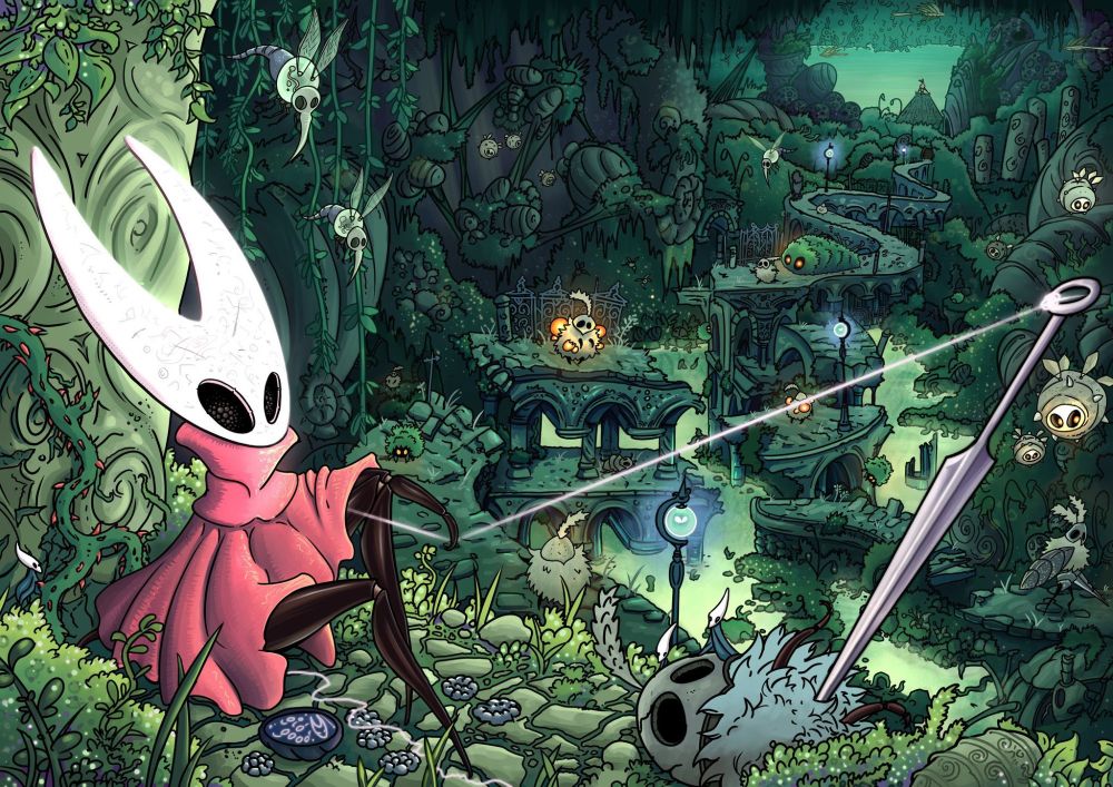 The character Hornet from the game Hollow Knight is sitting on a moss-overgrown ruin, her weapon is sticking in the dead husk of a bug. The ruin overlooks the vast overgrown landscape of rocks and ruined streets, crawling with bugs. In the very back, the green light of a lake can be seen. She's waiting for Silksong too lol
Fanart by NeverPaint