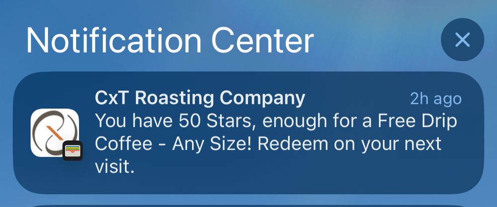 iOS notification that I’ve earned 50 stars… enough for a free drip coffee. Wow.