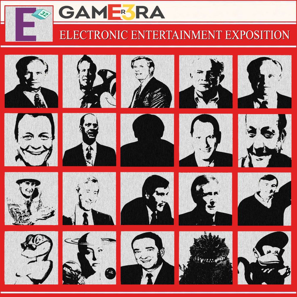 Cover art for Episode 32: Electronic Entertainment Exposition. A number of industry figures are depicted in monochrome on a red background, in the style of the album art for The Beatles' "A Hard Days' Night".
