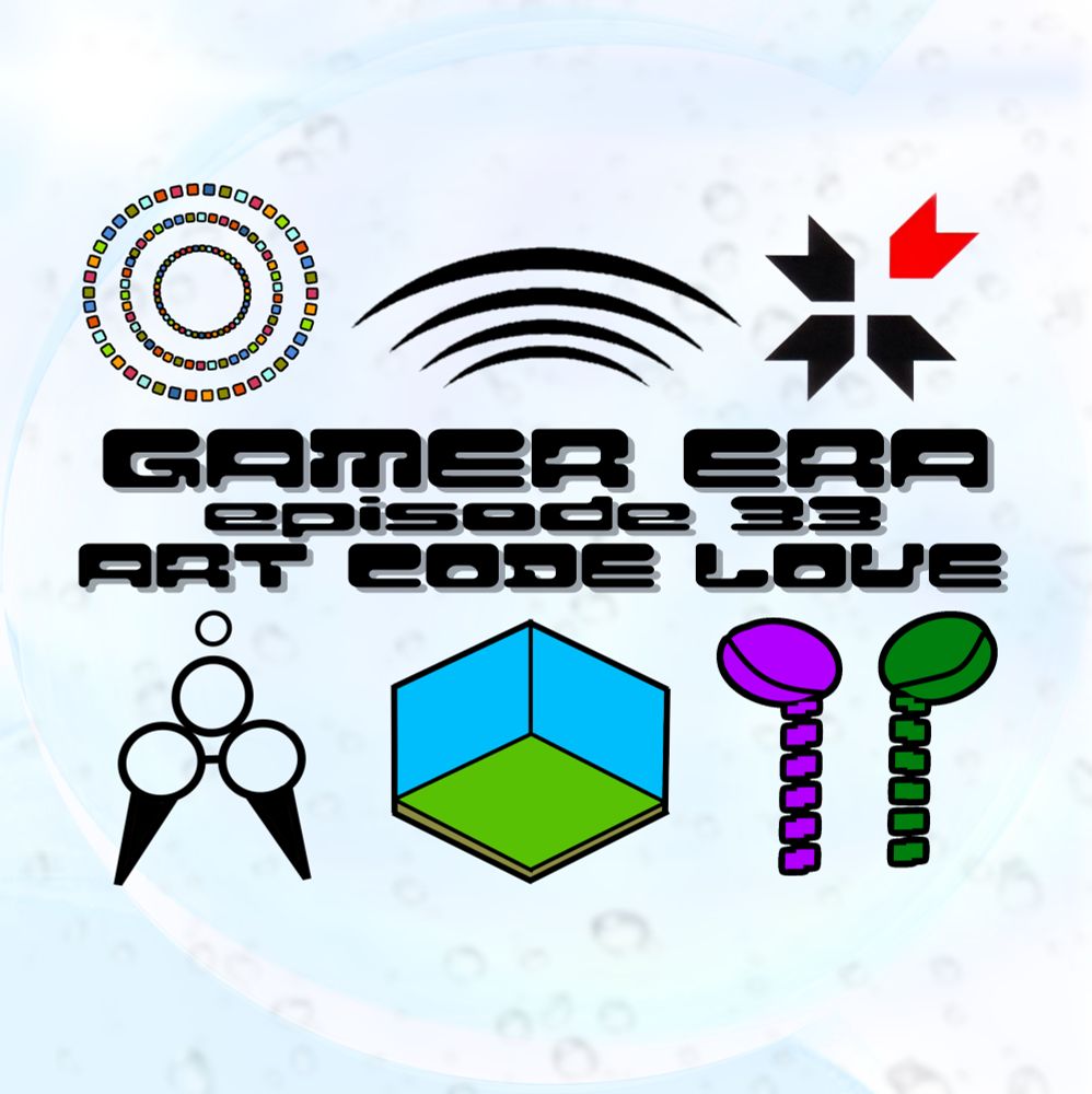 Cover art for "GAMER ERA EPISODE 33 - Art, Code, Love". A series of abstract symbols from the Art Style and Bit Generations series are depicted in front of a hazy, Frutiger Aero image of condensation on a white background.