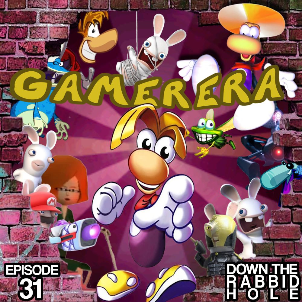The cover art for Episode 31 of the "Gamer Era" podcast: "Down the Rabbid Hole". Rayman is seen bursting out of a wall into the foreground, as various other Raymen and Rabbids from series history accompany him.
