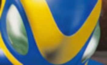 A cropped image of a blue-and-yellow masked character