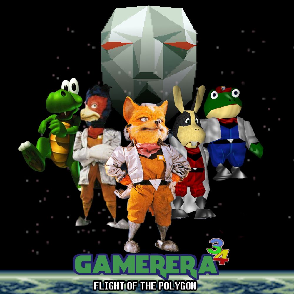 Cover art for Gamer Era Episode 34 - Flight of the Polygon. The Star Fox team (and Croc) stand valiantly on a cosmic background, as the polygonal visage of Andross from the original Star Fox looms large behind them.