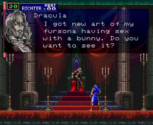 Screenshot of Castlevania: SOTN. Dracula says 