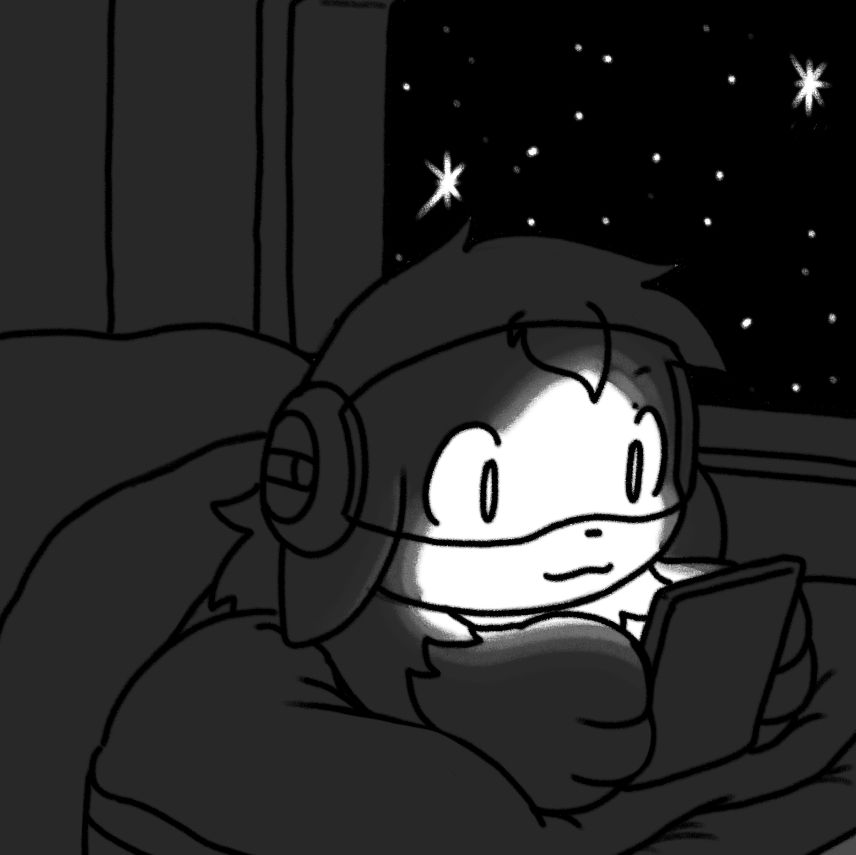 Sher from the webcomic Moumantai Motherfuckers, in bed, using his phone/tablet. The light of the phone reflects on his face, making it look white while everything else is dark.