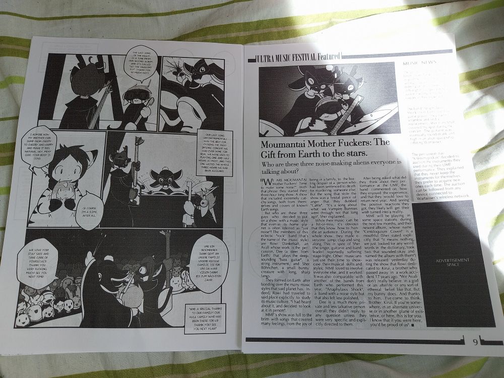 Photo of pages 8 and 9 of Chapter 7 of Moumantai Motherfuckers, printed in normal A4 paper.