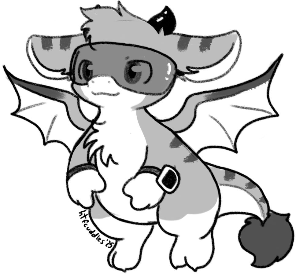 Fluffy dragon-like character with wings, tiny black horns, wearing a small wrist computer in his left hand, grey fur with stripes and a fairly big forehead tuft.