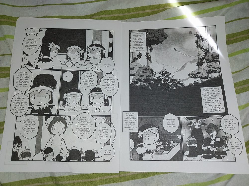 Photo of pages 18 and 19 of Chapter 7 of Moumantai Motherfuckers, printed in normal A4 paper.