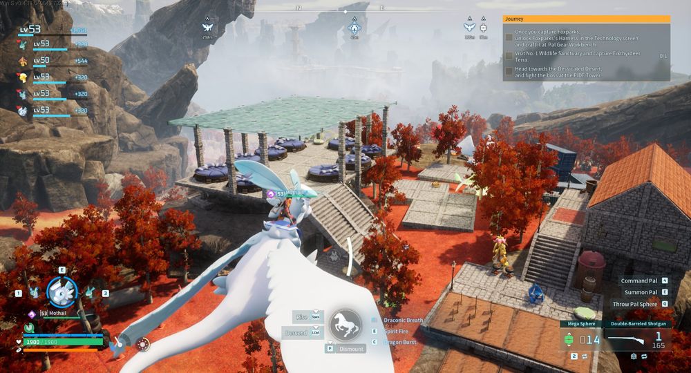 Palworld screenshot: Player flying on a Quivern, showing his base.