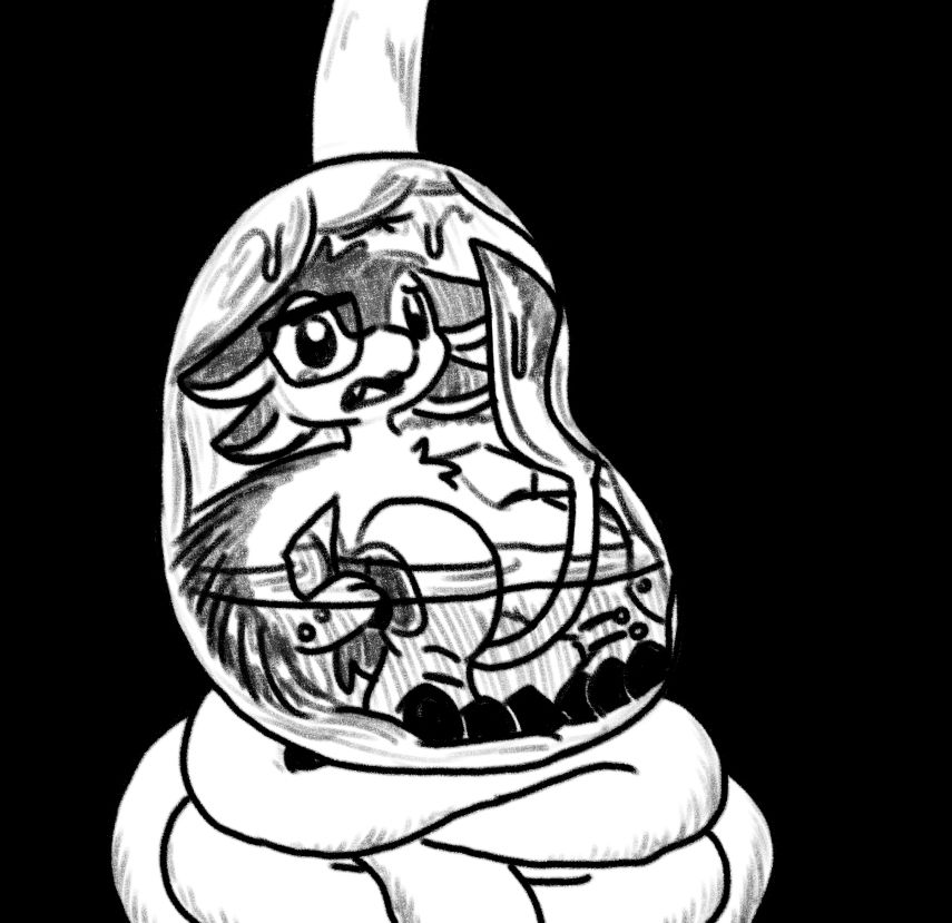 Doodle of a random avali inside of a tight stomach, with a view of the guts below it.