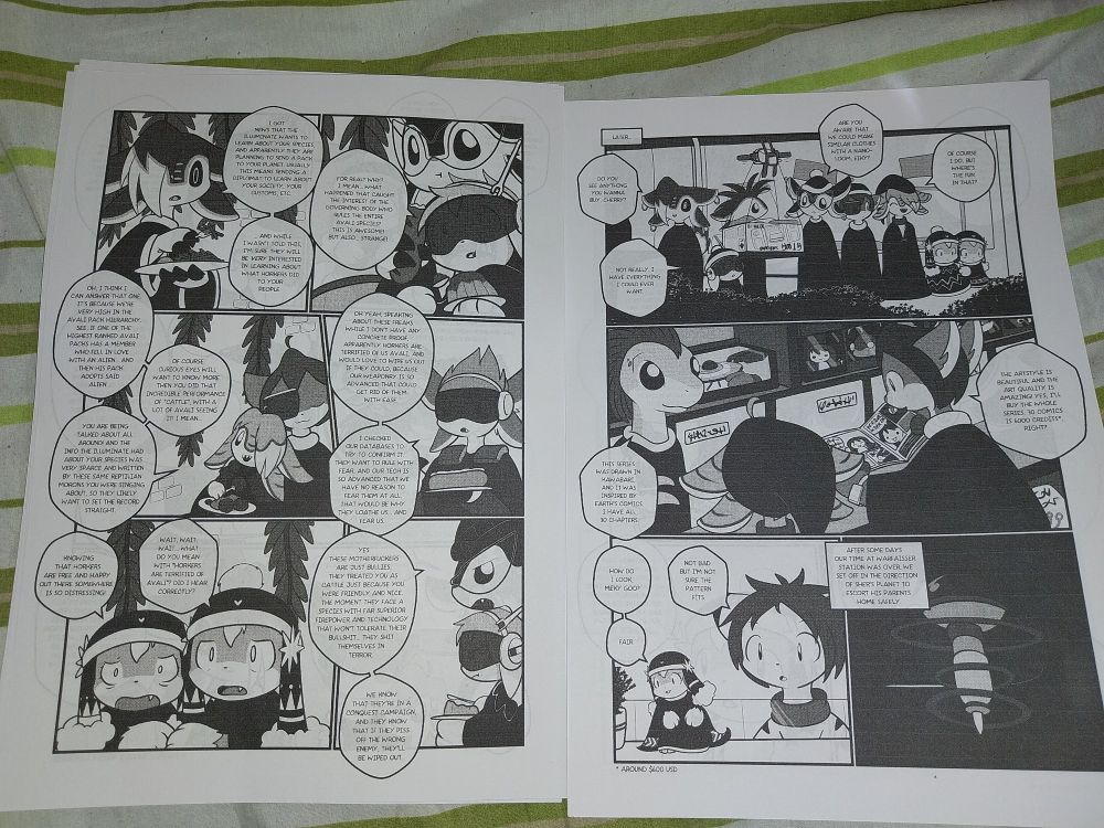 Photo of pages 14 and 15 of Chapter 7 of Moumantai Motherfuckers, printed in normal A4 paper.