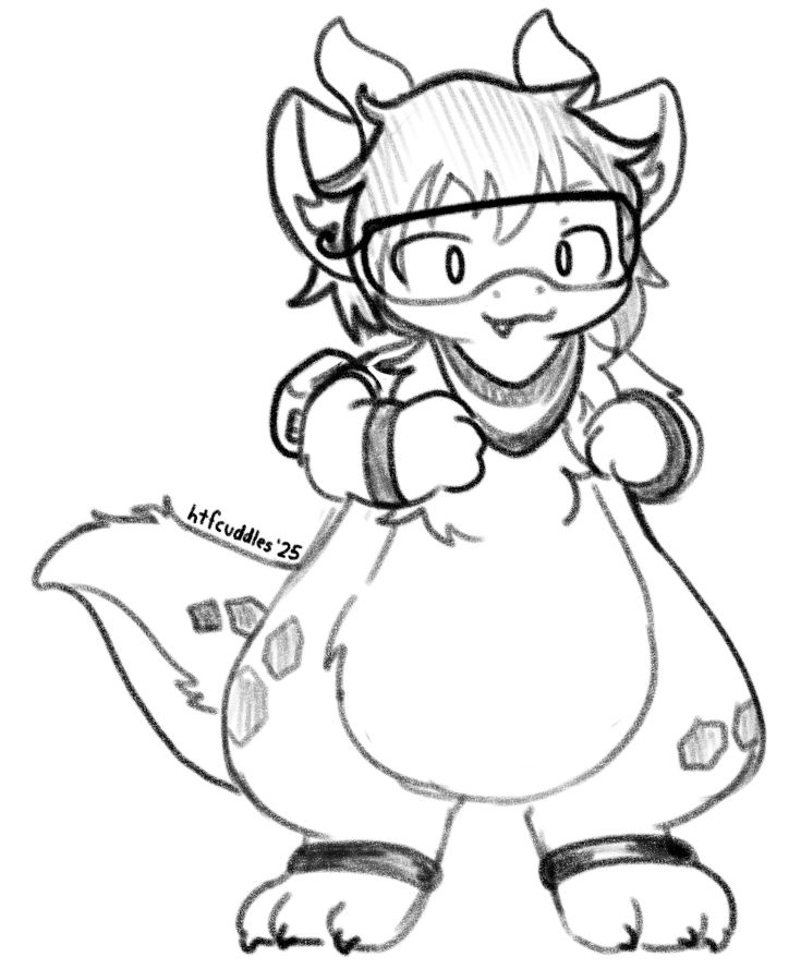 Fluffy dragon with horns, with hexagon designs in her fur, wearing bracelets in wrists and legs, a scarf and wearing a computer in her right arm.