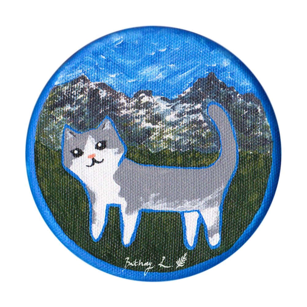 acrylics painting of a grey/white tuxedo cat, on a round canvas, border is blue