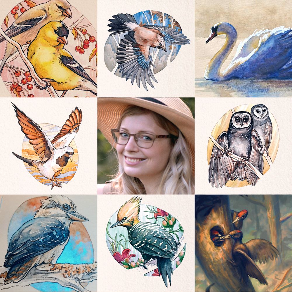 Nine squares with bird art by Iveta's Aviary and a portrait of the artist by Agience
#BirdArt #artvsartist2024
